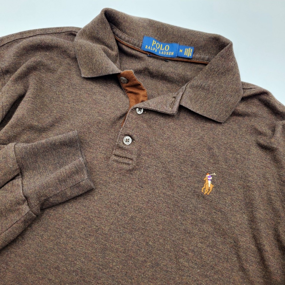 Polo Ralph Lauren Mens Classic Fit Brown Heather Long Sleeve Polo Shirt Size M